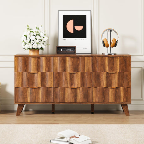 QEIUZON 9 Drawer Dresser, Modern Fluted Storage Dresser with Deep Drawers and Metal Handles, Wood Chest of Drawers Storage Organizer for Bedroom, Living Room, Hallway (Walnut) QEIUZON