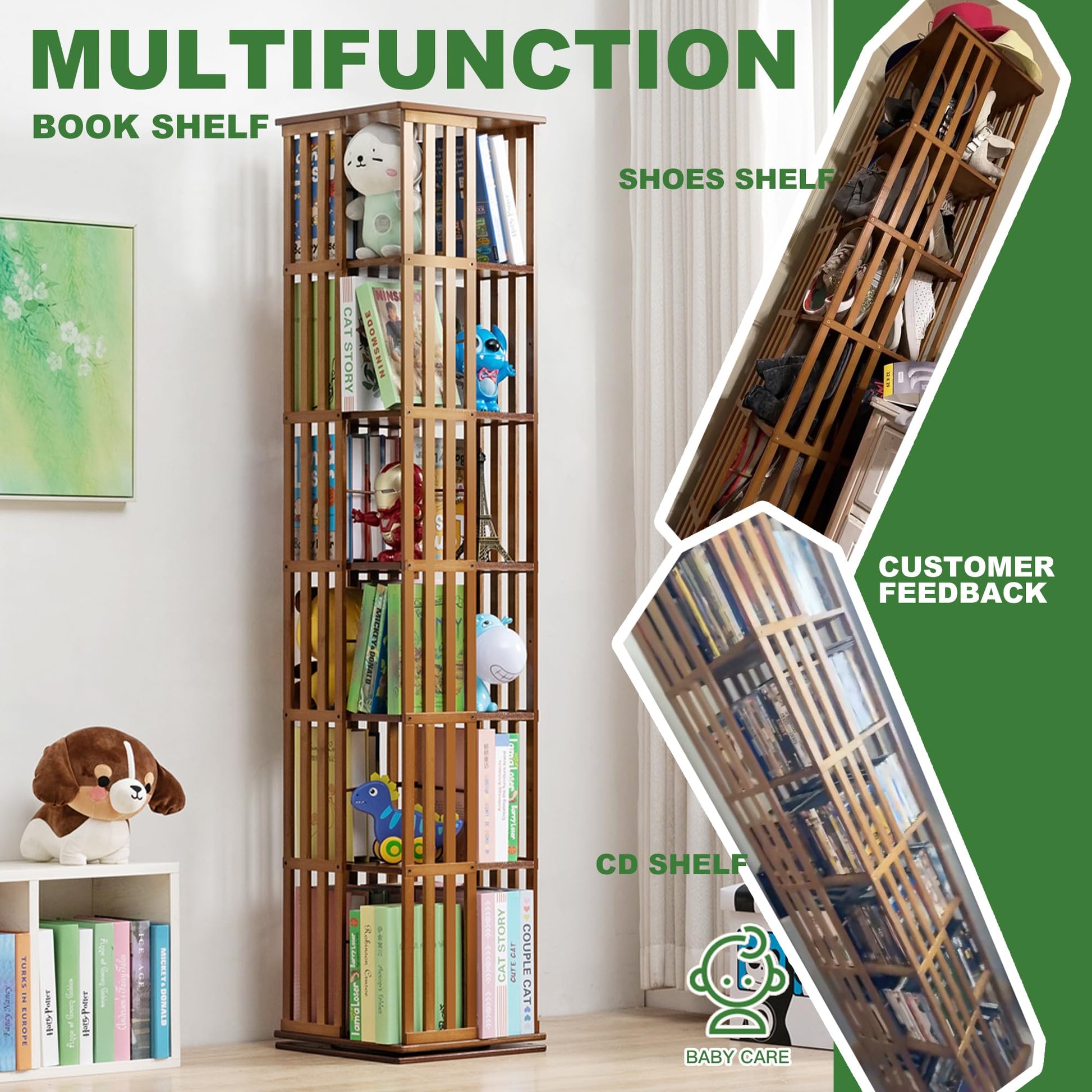 YOWOS 360° Rotating Walnut Bookshelf Tower - 6 Tier Bamboo Storage Rack for Kids & Adults - WoodArtSupply