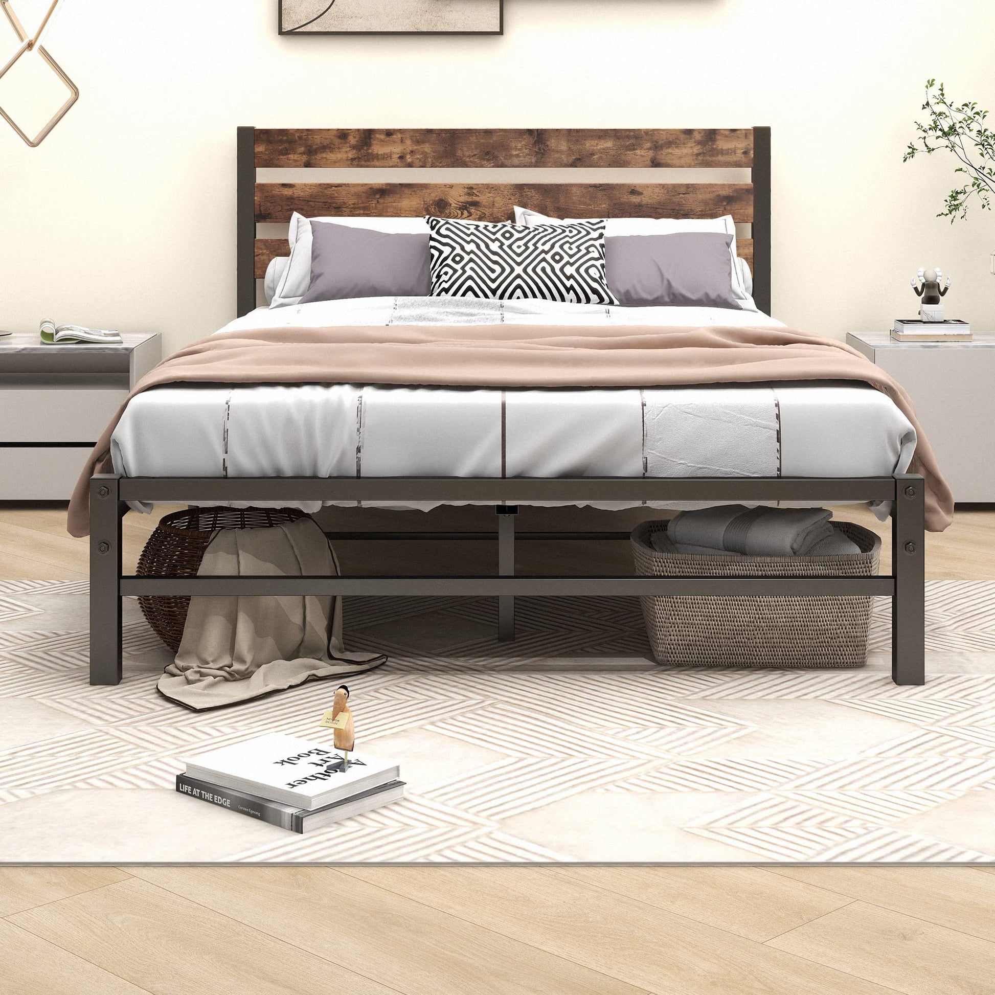 VERFARM Rustic Vintage Full Metal Platform Bed Frame with Wooden Headboard - No Box Spring Needed, Noise-Free, Easy Assembly - WoodArtSupply