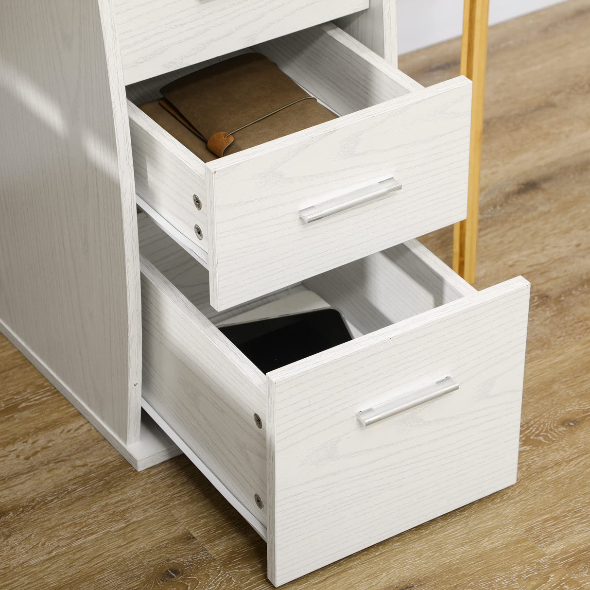 HOMCOM 47" Computer Desk with Keyboard Tray and Storage Drawers, Home Office Workstation Table with Storage Shelves, White Wood Grain HOMCOM