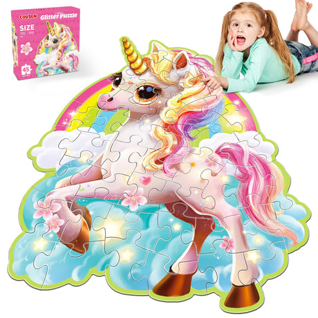 Unicorn Floor Puzzles for Kids Ages 4-6 & 3-8, Unicorn Toys for Girls Age 4-6, 45-Piece Blue Cardboard Shimmery Jigsaw Puzzles for Toddler -Christmas, Birthday Gifts Toy for 3 4 5 6 Year Old Covsen