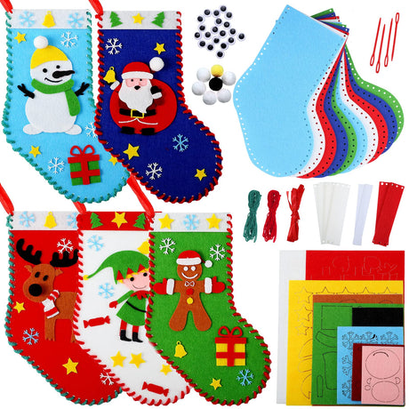 Breling 10 Pieces Felt Christmas Craft DIY Christmas Felt Stockings with Ornaments Handmade Sewing Sock Kits for Kids Favors Decorations Crafts Kits Party Hand DIY Supplies, 5 Styles Breling