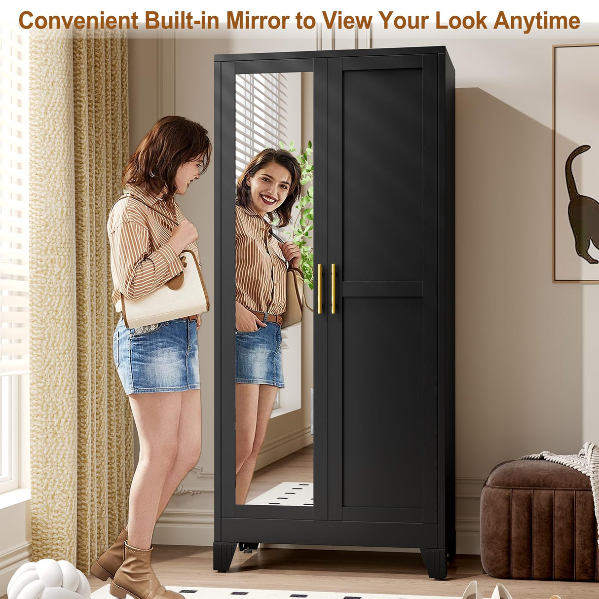 baoliwo Metal Armoire Wardrobe Closet Storage Cabinet with Mirror, 71'' Wardrobe Cabinet with Hanging Rod Metal Closet with 2 Adjustable Shelves for Bedroom, Laundry Room, Cloak Room baoliwo