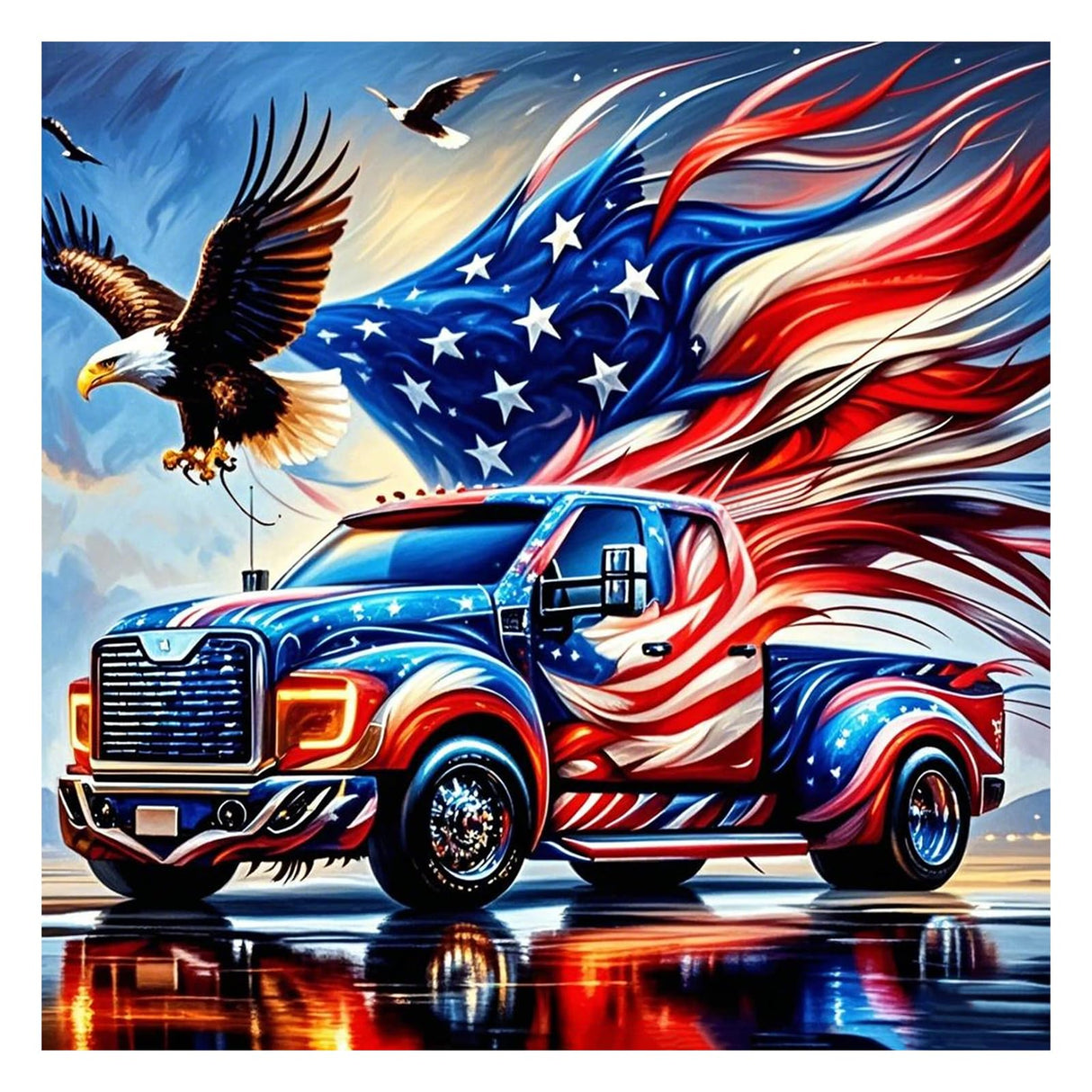 SJUTOUCI American Flag Truck Diamond Art Kits for Adults, Diamond Painting Kits for Beginners, DIY Full Drill Painting with Gem Craft Art for Home Wall Decor 12x12 inch SJUTOUCI