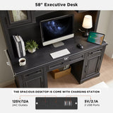 JXQTLINGMU Farmhouse 76" Height Computer Desk with Hutch, Office Desk with Charging Station, Drawers and Storage Cabinet, Workstation for Office Home, Black JXQTLINGMU