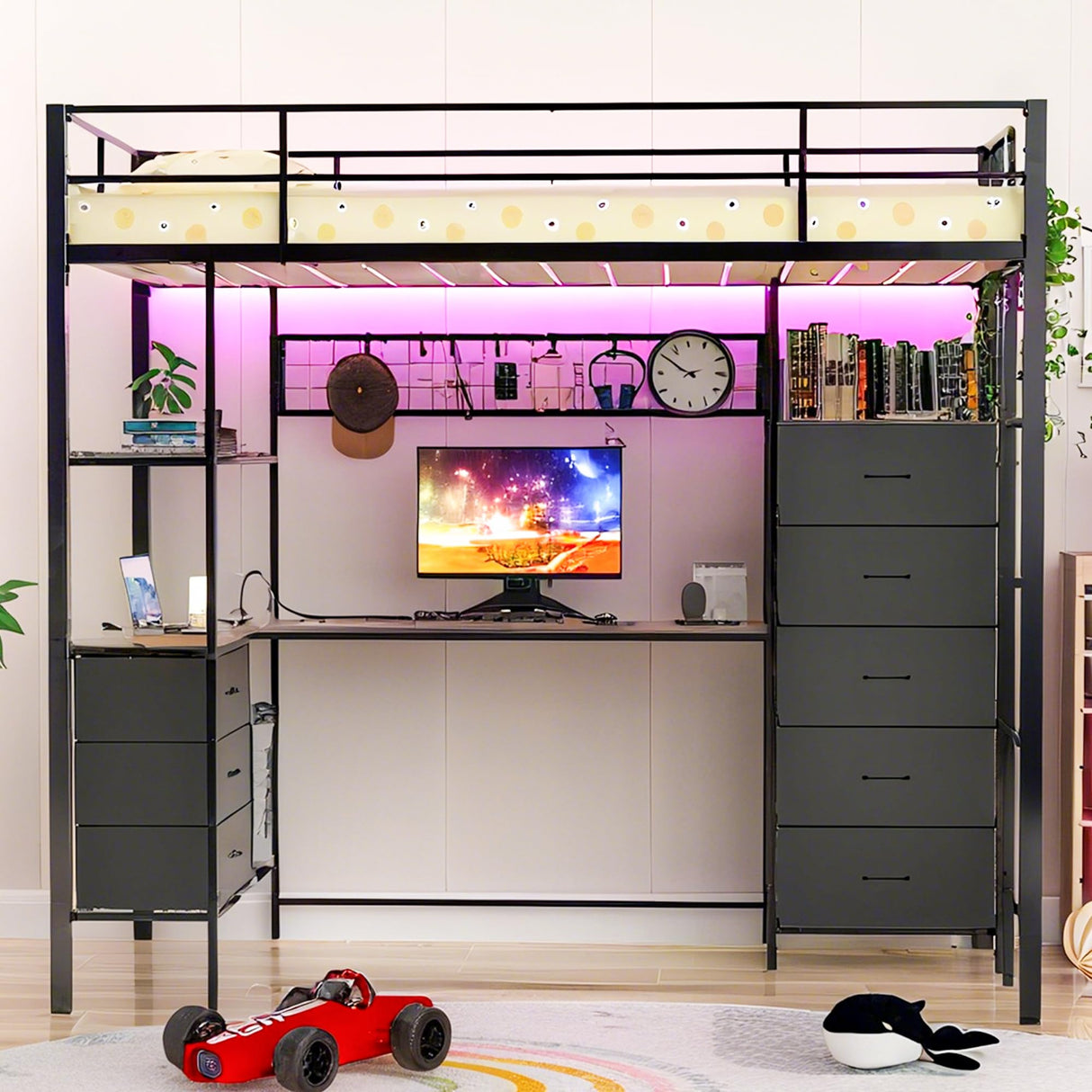 SAHISTCT Twin Size Loft Bed with Desk, LED Lights, Charging Station, Industrial Loft Bed Frame with 3 Storage Shelves and 8 Fabric Drawers, Safety Guard & Ladder,LED Metal Twin Size Bunk Bed SAHISTCT