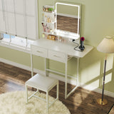 HUAHUU Small Vanity Desk with Mirror and Lights, Makeup Vanity with Fabric Storage Drawer, Chair and Three Shelves, White Vanity with Power Outlet and Fold-up Panel, Bedroom HUAHUU