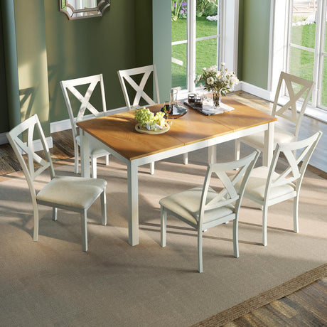 AMERLIFE 7-Piece Farmhouse Solid Wood Dining Table Set with 6 Upholstered Chairs, 60" Space Saving Dinner Table & Chairs Set, for Dining Room, Kitchen, Restaurant, Brown & White AMERLIFE
