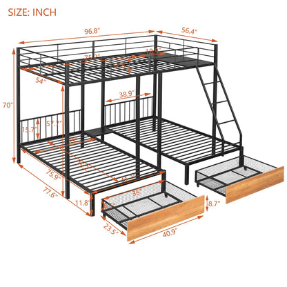 Harper & Bright Designs Metal Triple Bunk Bed with Drawers and Guardrails, Full Over Twin & Twin Bunk Bed for 3, Space-Noise Free, No Box Spring Needed - Black