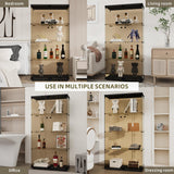 LFT HUIMEI2Y 4-Shelf Brown Glass Display Cabinet with Double Doors, Curio Cabinets Tempered Glass Floor Standing Bookshelf for Bedroom, Kitchen, Living Room 64”x 17”x 14.5” Black LFT HUIMEI2Y