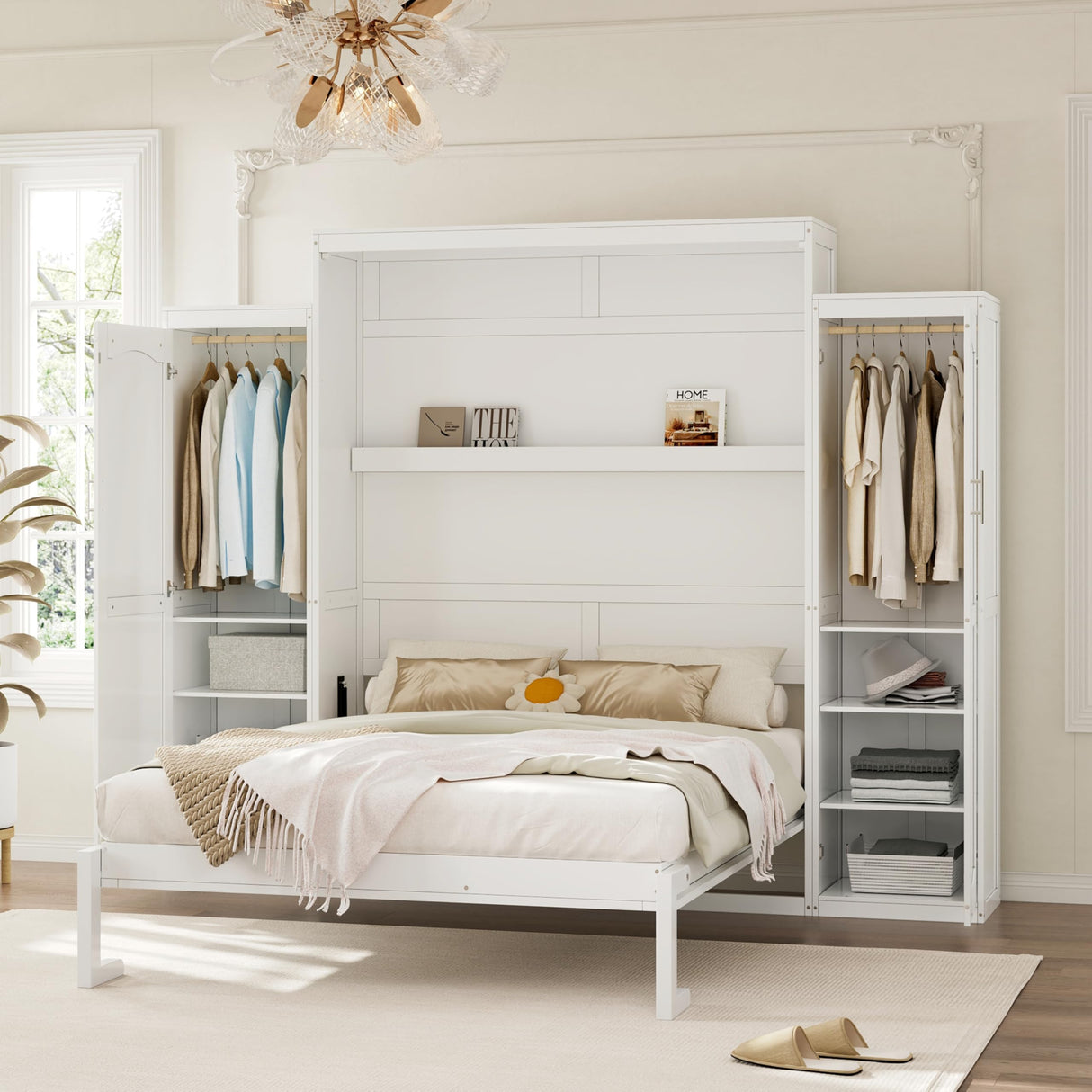 Ball & Cast Queen Size Murphy Bed with Two Wardrobe and Storage Shelf, Wall Bed Frame Folding into Cabinet Design,Multifunctional Foldable Platform Bed for Small Space,Bedroom,Guest Room, White Ball & Cast