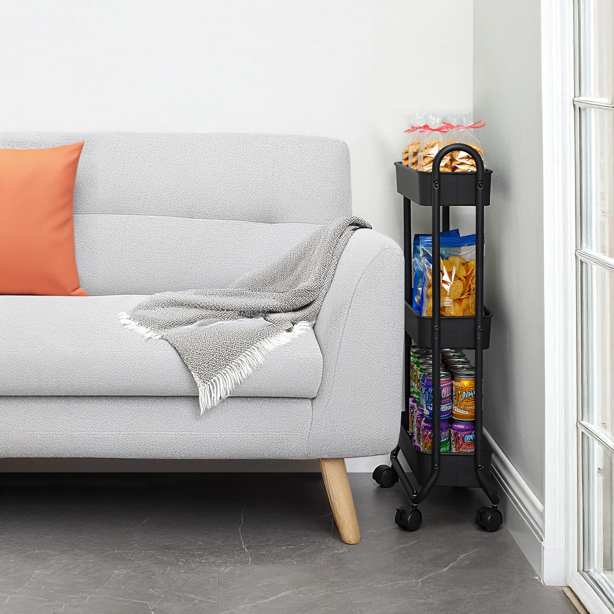 SunnyPoint Slim Rolling Storage Cart, 3 Tier Bathroom Storage Organizer Bathroom, Laundry Utility Cart (Black) SunnyPoint