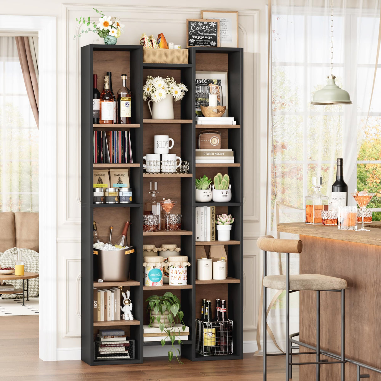 FOTOSOK 71’’ Tall Bookshelf, Triple Wide Bookshelf with Adjustable Shelves, 8 Tier Media CD DVD Storage Tower Rack, Diaplay Cabinet Shelf, Cube Storage Organizer Shelf for Home Office, Black/Brown FOTOSOK