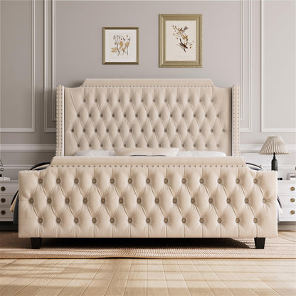 HOSTACK Velvet King Size Platform Bed Frame with 54" Wingback Headboard and Button-Tufted Footboard in Cream - WoodArtSupply