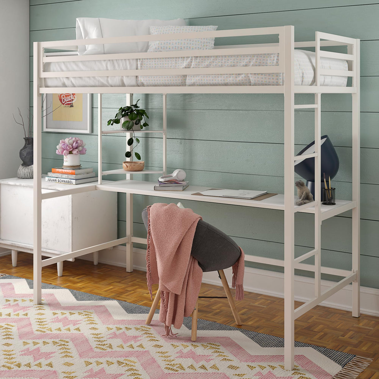 Novogratz Maxwell Metal Twin Loft Bed with Desk & Shelves, Off White/Off White Novogratz