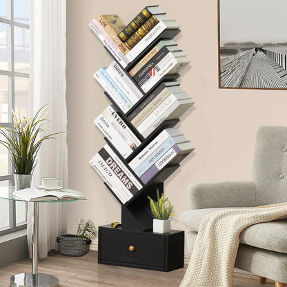 SHEEPAM 8-Tier Tree-Shaped Bookshelf with Drawer - Space-Saving Black Wood Bookcase for Home & Office - WoodArtSupply