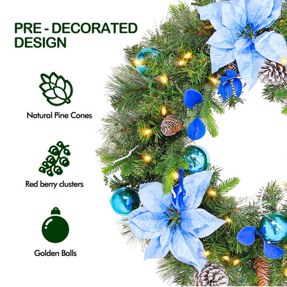 Hykolity 24 in. Pre-Lit Artificial Christmas Wreath with 50 Warm White LED Lights, 100 PE Branch Tips, Lighted Battery Operated Christmas Wreath with Flowers & Ball Ornaments, Hanger Included, Blue