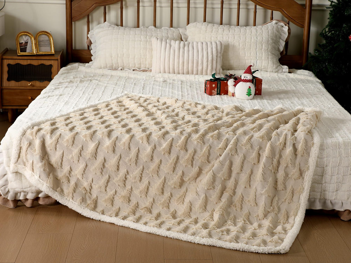 Remagr Christmas Sherpa Throw Blanket 3D Christmas Tree Snowflake Reindeer Double-Sided Thick Soft Plush Fluffy Decoration for Couch, Bed, Sofa Holiday Party Gifts, 50" x 60"(Beige,Xmas Tree) Remagr