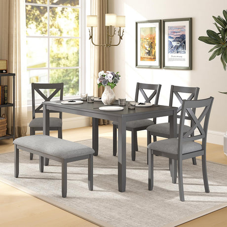 Zevemomo 6-Piece Wooden Dining Table Set, Dining Table Set for 6, Including 1 Dining Table, 4 Upholstered Chairs and 1 Bench, Wooden Legs Dining Table, Table Set for Dining Room, Grey Zevemomo