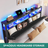 YITAHOME Queen Bed Frame with Storage Headboard, Upholstered LED Platform Bed with Charging Station, Heavy-Duty Metal Slats, No Box Spring Needed, Fast Assembly - Gray YITAHOME