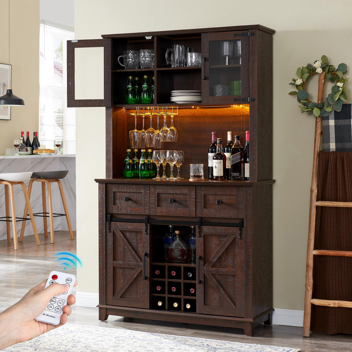 AMERLIFE 72'' Coffee Wine Bar Cabinet with Sliding Barn Door, Farmhouse Kitchen Sideboard, Buffet Storage Table, Wine Glass Racks, 3 Drawers, LED Lights, Tall Hutch Home Bar for Dining Room Brown AMERLIFE