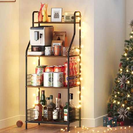 Mini Bar, Snack & Water Bottle Organizer, Coffee Station & Bakers Rack – 4-Tier Storage for Wine, Drinks, Snacks, Coffee, Baking Essentials – Vintage Iron Frame with Wood Shelves Sonyabecca