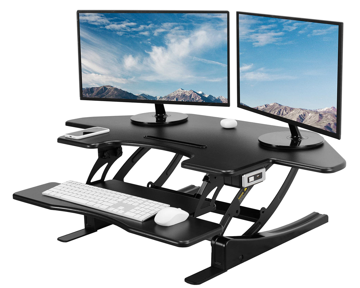 VIVO 43 inch Corner Electric Height Adjustable Cubicle Stand Up Desk Converter, VE Series, Sit to Stand Tabletop Dual Monitor Riser with USB Port, Black, DESK-V000VCE VIVO