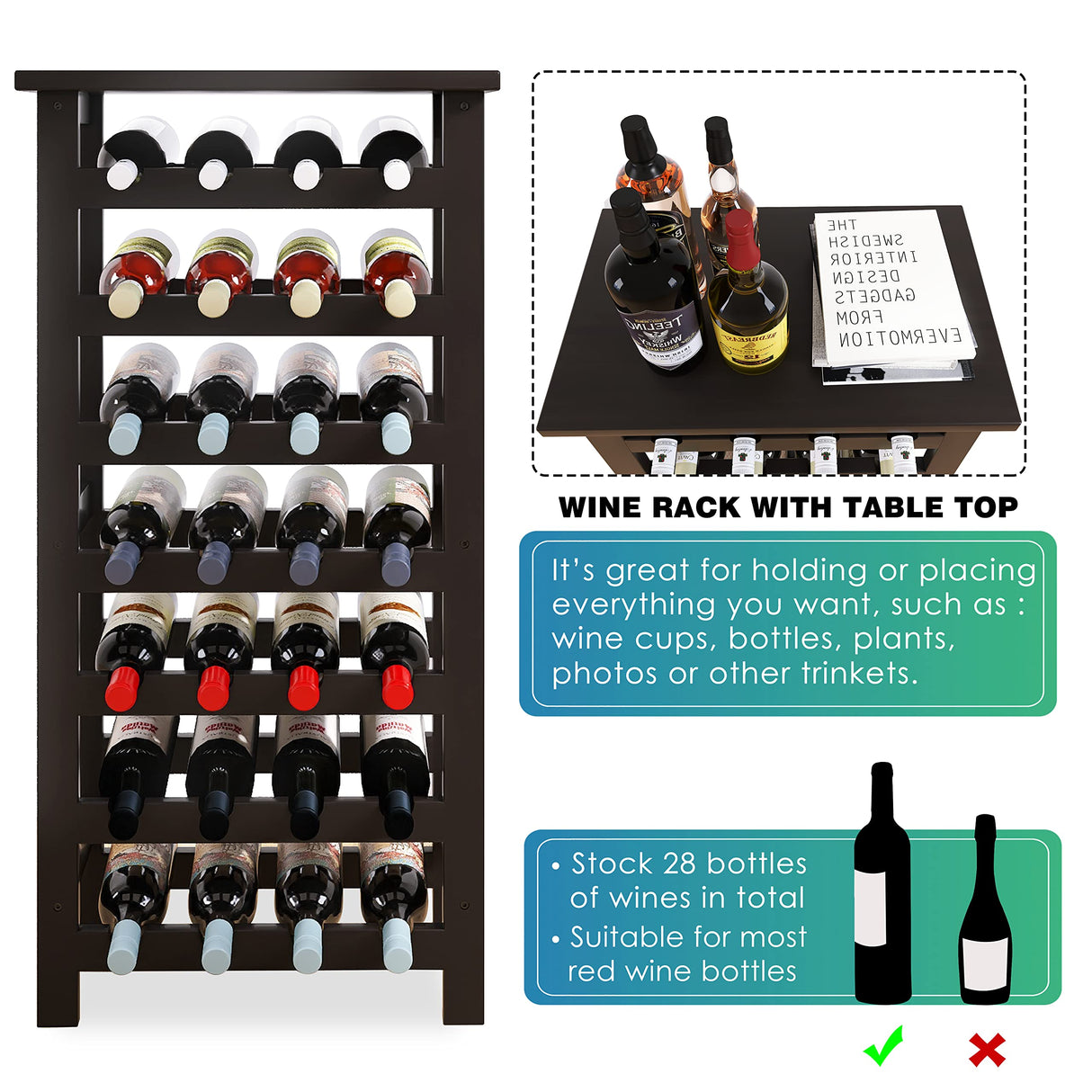 SMIBUY Bamboo Wine Rack, 28 Bottles Display Holder with Table Top, 7-Tier Free Standing Storage Shelves for Kitchen, Pantry, Cellar, Bar (Black) SMIBUY