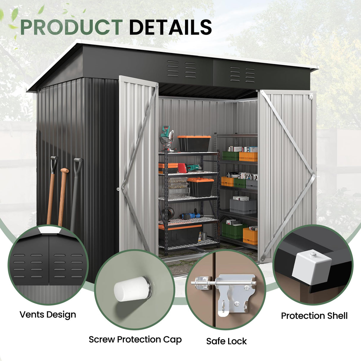 VONZOY 8x4 FT Outdoor Storage Shed,Metal Shed Garden Shed with Lockable Door for Bike, Garbage Can,Tool Shed for Backyard,Patio,Lawn(Grey) VONZOY