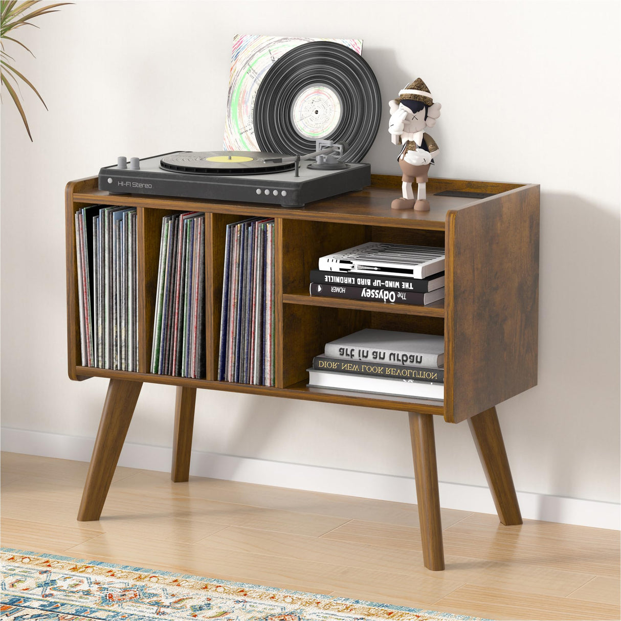 Forevich Record Player Stand Table with Vinyl Storage Holder Large Turntable Record Stand with Power Outlet Holds Up to 220 Albums Display Shelf Cabinet with Wood Legs for Living Room Rustic Brown Forevich
