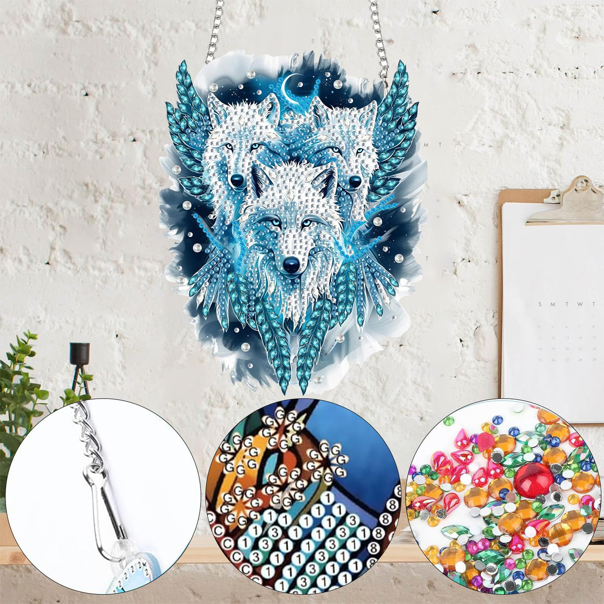 Yomiie Wolves Sun Catcher Window Hanging - DIY Double Sided Animals Diamond Painting Pendant Kits for Adults, Acrylic Diamonds Art Ornament for Indoor/Outdoor Garden Home Decoration (8x8 inch) Yomiie