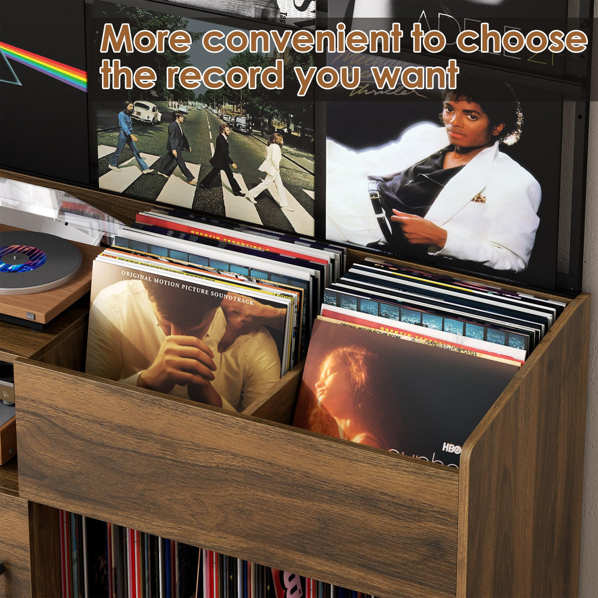 Gyfimoie Upgraded Large Record Player Stand, Mid-Century Turntable Stand with Power Outlet, Large Record Player Table Holds Up to 500 Albums, Vinyl Storage Cabinet Display Shelf for Living Room (Walnut) Gyfimoie