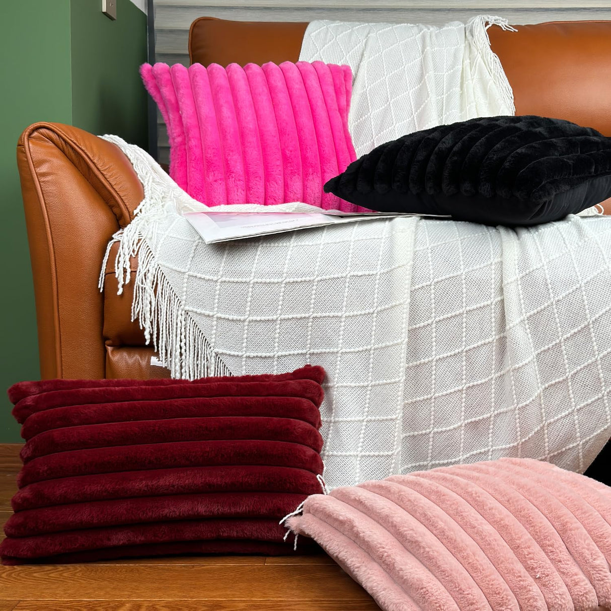 18x18 Throw Pillow Covers Set of 2, Decorative Faux Fur Covers for Bed, Couch Soft Fluffy Pillow Cover with Velvet Back for Living Room, Neutral Home Décor Accent for Sofa - Black COTEY