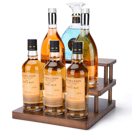 Wooden Liquor Shelf - 3-Tier Liquor Bottle Display Shelf - Liquor Rack for Countertop - Bar Shelf for Liquor - Sturdy Liquor Stand - Liquor Shelf for Home Bar, Game Room or Living Room Display, Brown Joraton