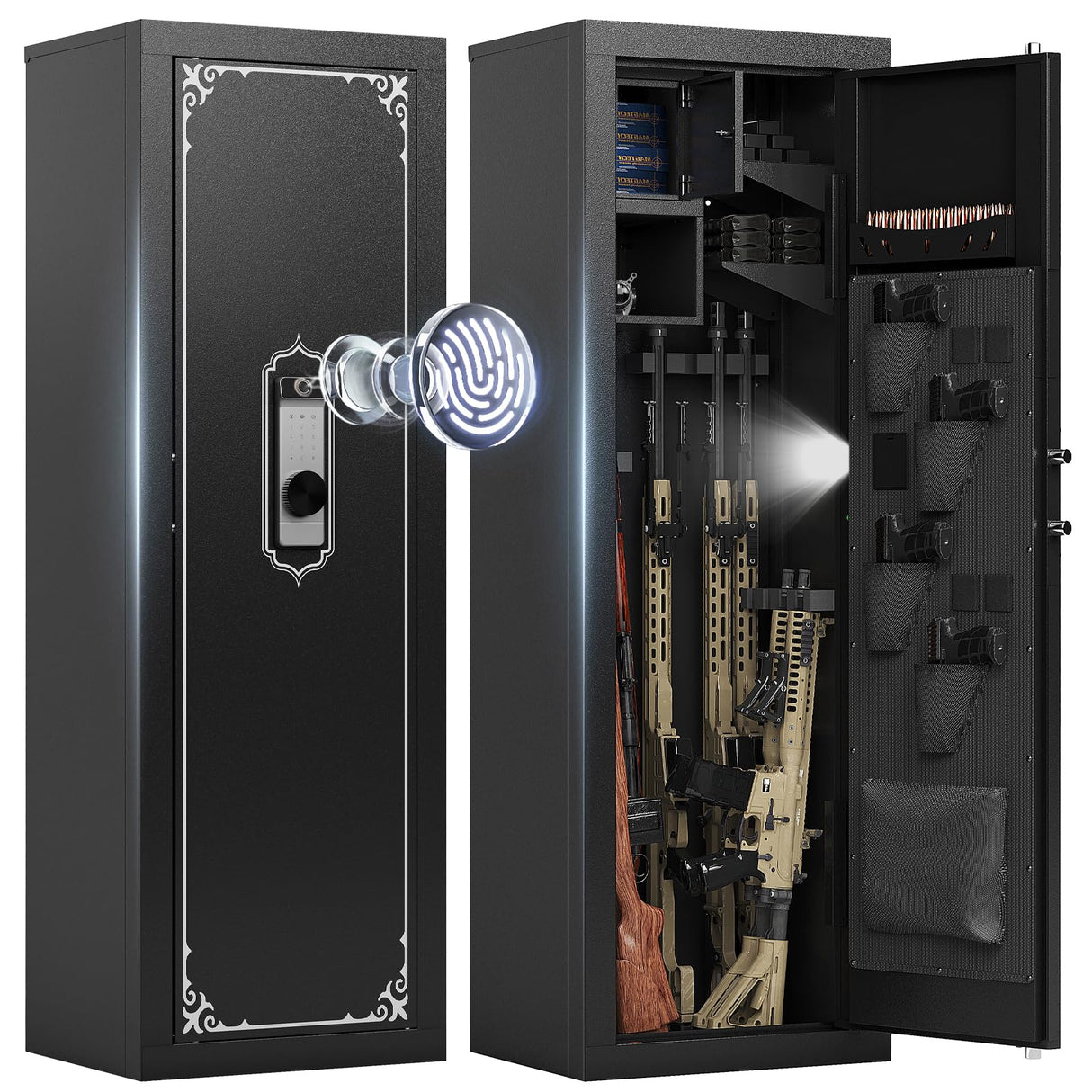 KAER Biometric Gun Safe for Rifle & Pistol, 10-14 Gun Capacity Large Rifle Safe with Fingerprint Lock, Adjustable Shelves, Silent Mode & Anti-Theft Alarm, Home Locking Cabinet for Firearms Storage KAER