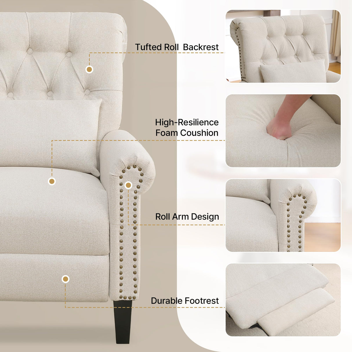 choairy Pushback Recliner Chair, Accent Push Back Chair Set of 2 with Adjustable Footrest Wingback, Upholstered Linen Reclining Sofa with Side Pocket, Comfy Modern Armchair for Living Room, Khaki choairy