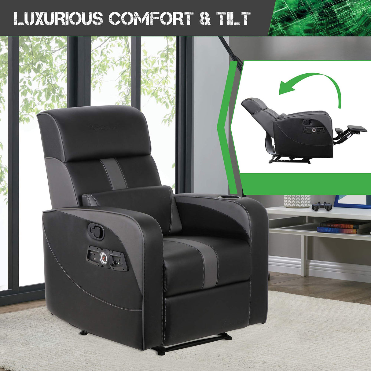 X Rocker Gamma Recliner Gaming Chair, 2.1 Bluetooth Audio System, Headrest Mounted Speakers, Built-in Footrest and Cupholder, 718001, 34.84" x 39.37" x 30.31", Black X Rocker