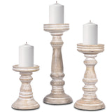 Mela Artisans Whitewashed Hand Carved Wooden Pillar Candle Holders - Set of 3 | Chennai Decorative Style | Crafted from Mango Wood | Rustic Table Centerpiece Decor | Sized 6", 9" and 12" Mela Artisans