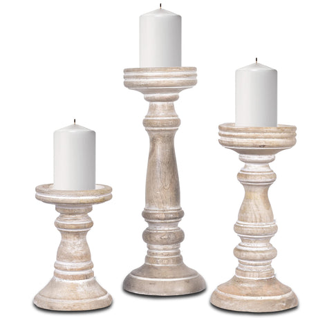 Mela Artisans Whitewashed Hand Carved Wooden Pillar Candle Holders - Set of 3 | Chennai Decorative Style | Crafted from Mango Wood | Rustic Table Centerpiece Decor | Sized 6", 9" and 12" Mela Artisans