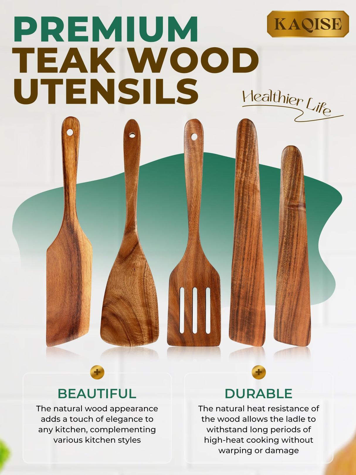 Handmade Wooden Spatulas for Cooking, Heat Resistant Teak Wood Spatula and Turner of Different Size, Nonstick Wooden Utensil Set for Kitchen Cooking (5Pcs) KAQISE