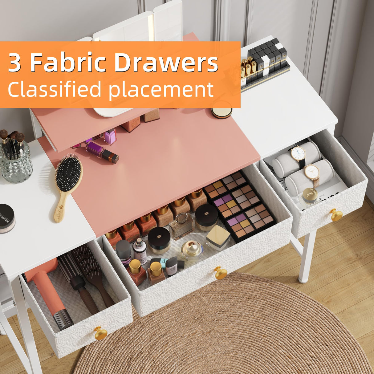 HIGDBFE Makeup Vanity Desk with Mirror and Lights, Small Vanity Table with Height-Adjustable Stand, 3 Fabric Drawers Vanity Desk for Girls Gifts, Bedroom and Small Spaces, 27.5'', White&Pink HIGDBFE