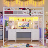 BTHFST Loft Bed with Desk, Full Metal Loft Bed with 8 Drawers Storage & Charging Station & LED Lights, 4 Open Storage Shelves, Noise-Free, Space-Saving, No Box Spring Needed BTHFST