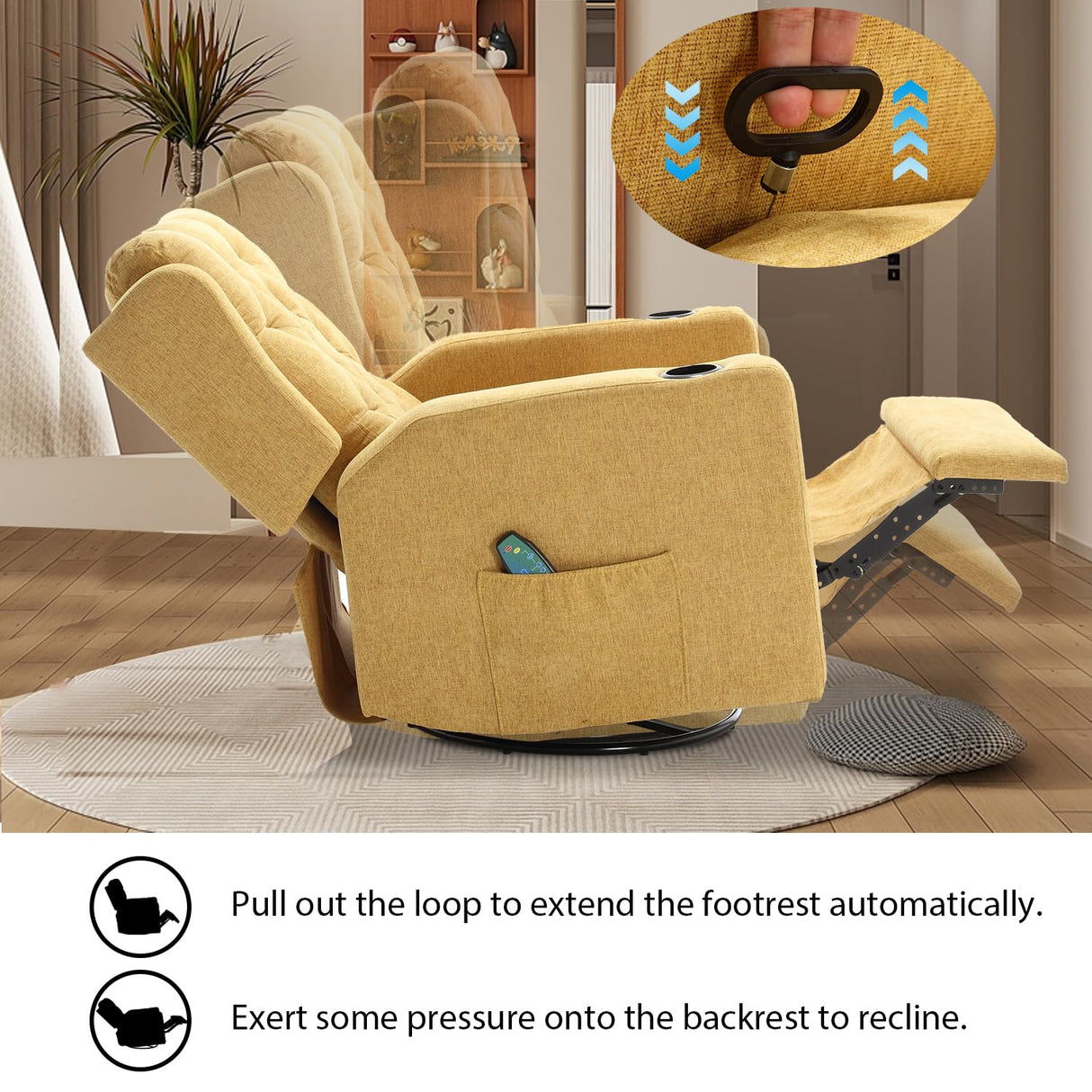 Comermax 330lbs Wide Seat Massage Swivel Rocker Recliners Oversized Yellow Manual Recliner Chairs with Cup Holders for Adults, Comfortable Reclining Rocking Glider Chair Comermax