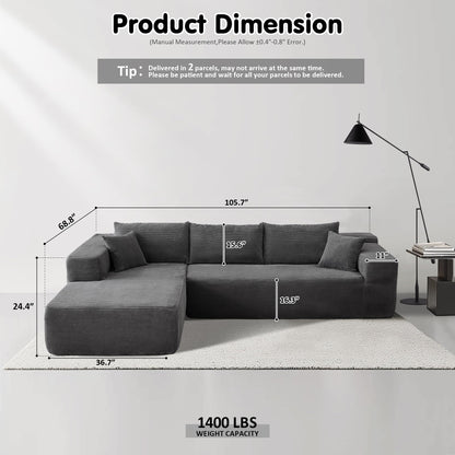 ovios 104" Cloud Sectional Couch with L-Shape Chaise,Modern Modular Sofa with Deep Seat, Upholstered Couches for Living Room Bedroom,No Assembly Required, Grey (Corduroy Fabric)