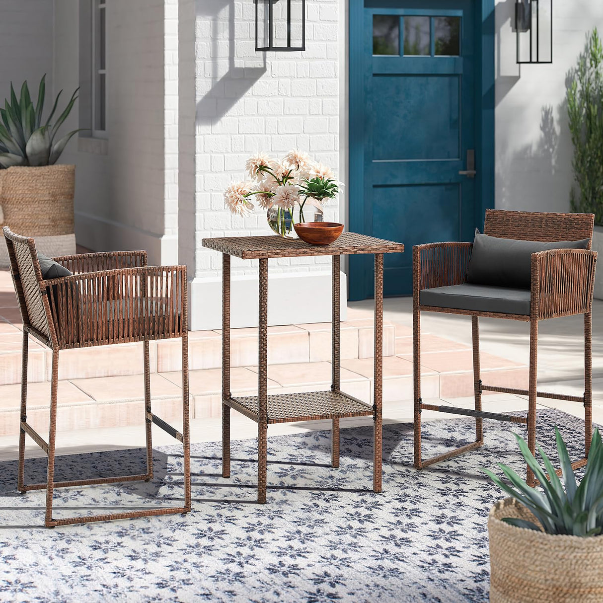 AVAWING 3PCS Patio Wicker Bar Set, Outdoor Bistro Rattan Barstool Furniture, Height Counter Table and Chairs for Backyard, Poolside, Balcony, Steel Frame w/Extra Cushion Covers Gray/Blue AVAWING