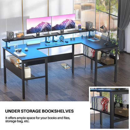 Hyomdeck Customizable U Shaped Desk & L Shaped Office Desk with Adjustable Monitor Stand, RGB LED Lights and Power Outlets, Sturdy Reversible L Shape