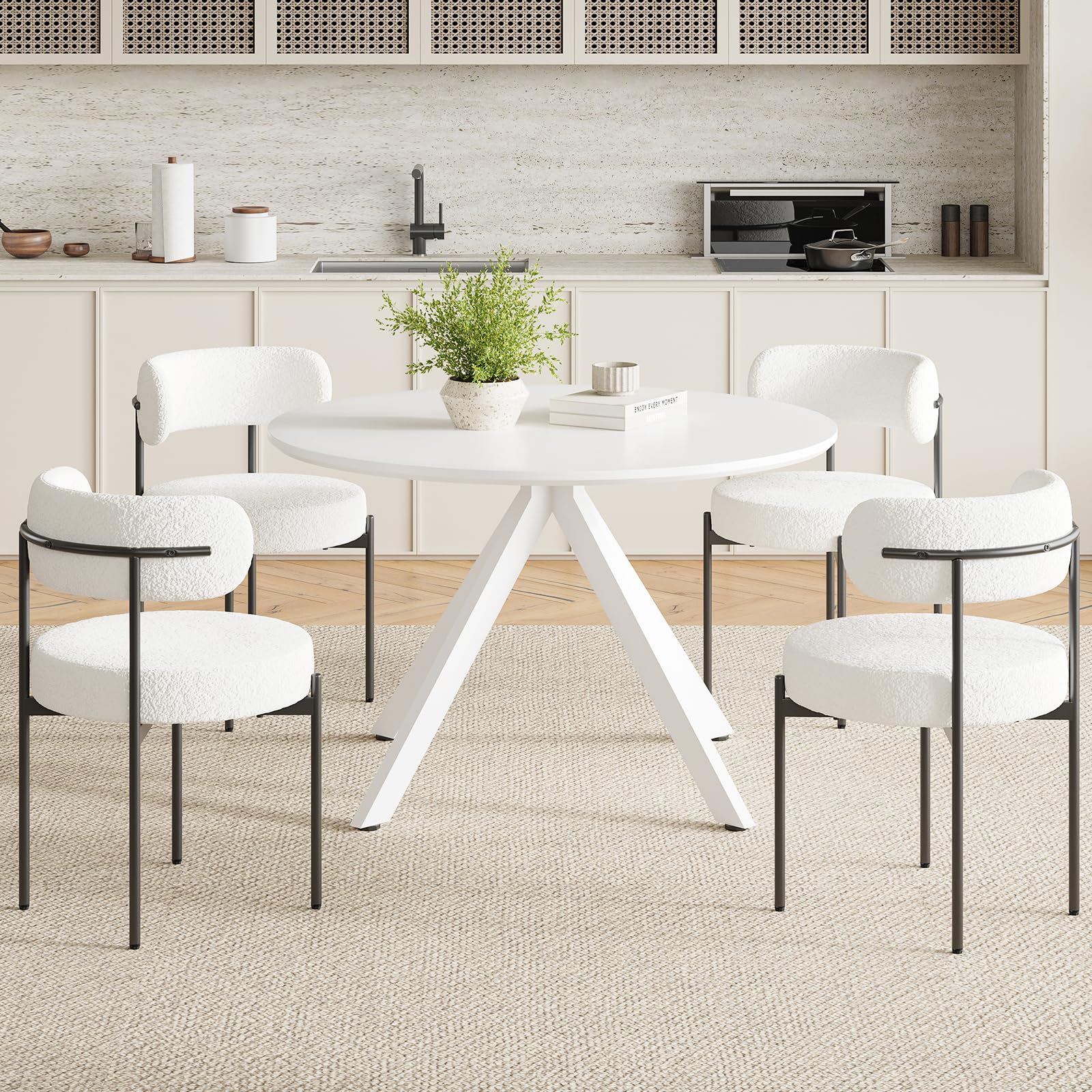 Farini White Dining Table for 4-6 Person,47" Round Wooden Dining Tabletop and Metal Frame for Home Kitchen Dining Desk (47 inch,120cm) - WoodArtSupply