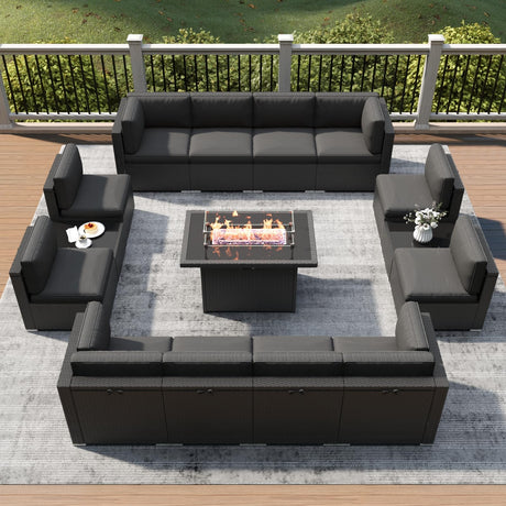 LayinSun 15 Piece Patio Furniture Set with Fire Pit Table, Outdoor Conversation Sets Wicker Rattan Sectional Sofa with Coffee Table LayinSun