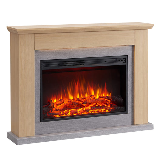 LegendFlame® Harrison Electric Fireplace with 48” Mantel Surround and Jaden 31" Insert, Natural Oak with Light Grey Marble Finish