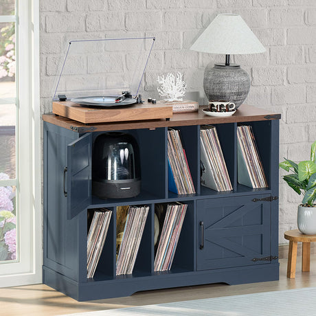 Joaxswe Large Record Player Stand with Vinyl Storage Up to 350 Albums, 39 Inch Farmhouse Wood Navy Blue Storage Cabinet with Barn Doors, Vintage Mid-Century Turntable Stand for Bedroom, Living Room Joaxswe